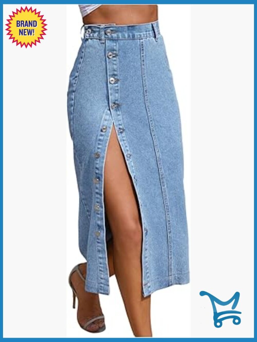 Asymmetrical Denim Midi Skirt Button Down High Waisted Jean Skirt